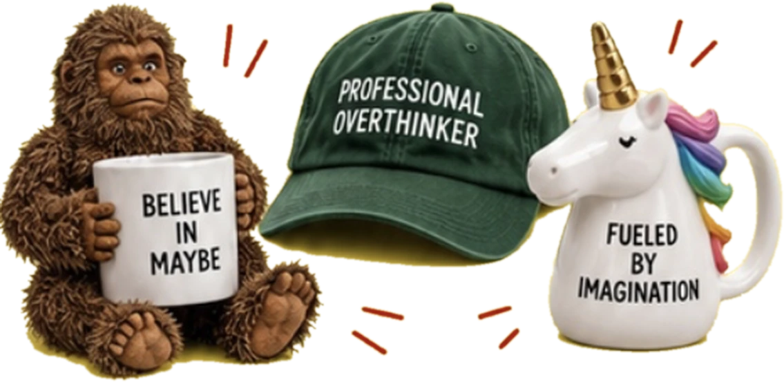 Sasquatch BELIEVE IN MAYBE mug, Professional Overthinker cap and unicorn Fueled by Imagination mug